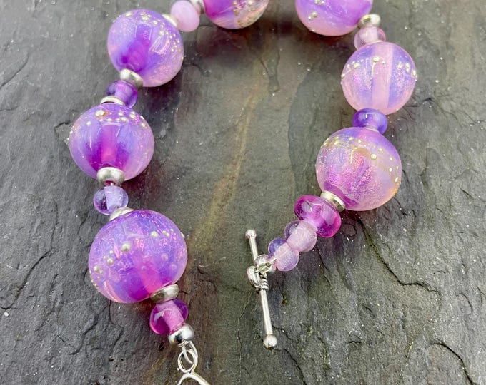 Handmade Lotus Pink Lampwork Bead Bracelet: Sterling Silver Wire Wrapped