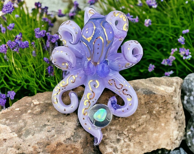Golden Tattoo Kraken Necklace: Lavender Boro Glass Octopus with Opal