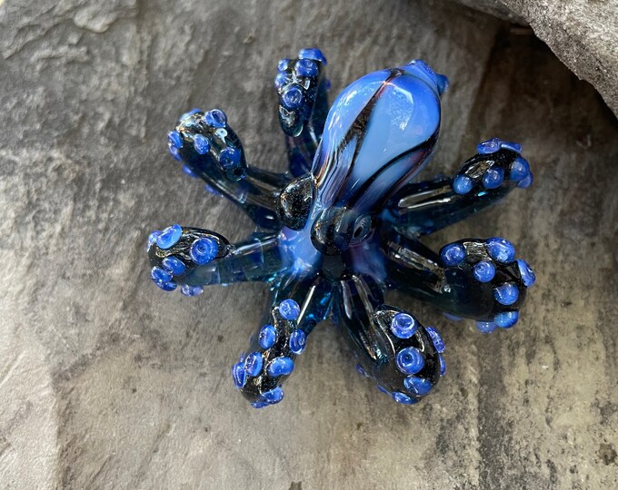 The Little Blue Kraken Collectible Wearable Boro Glass Octopus Necklace / Sculpture Ready to Ship