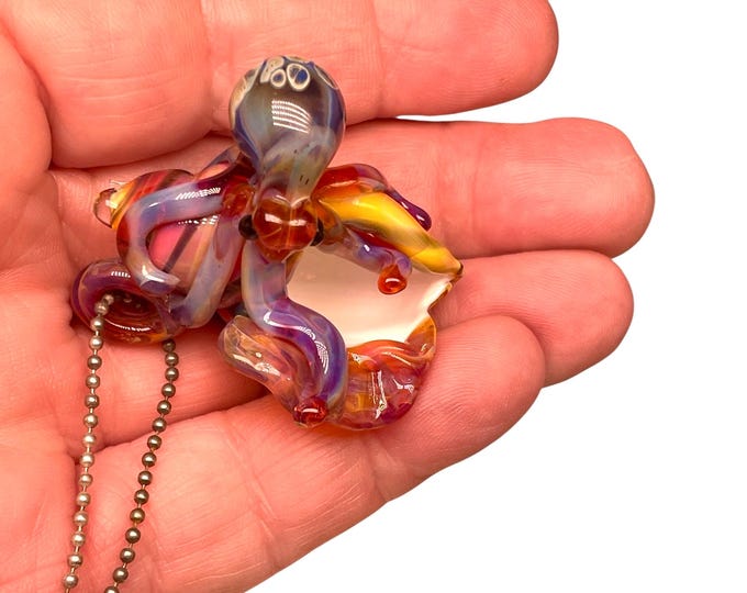 The Shell and the Kraken  - Collectible Wearable Boro Glass Octopus Necklace / Sculpture One of a Kind. OOAK