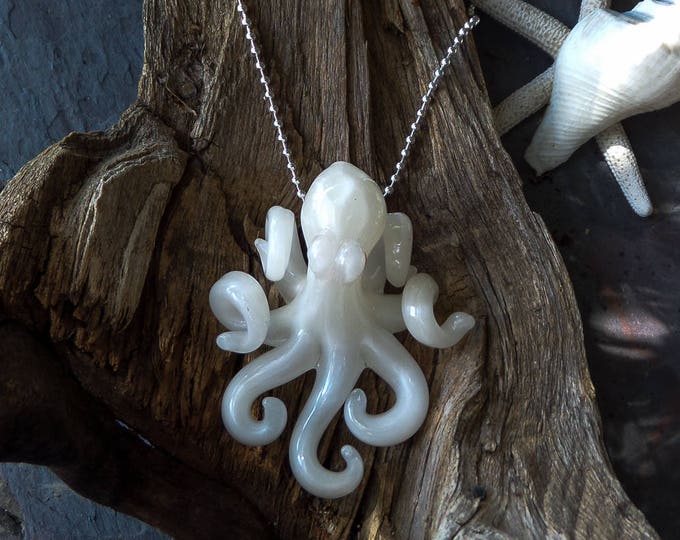 White Knight UV Kraken Collectible Wearable  Boro Glass Octopus Necklace / Sculpture - Made to Order