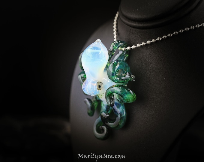 The Green Meanie Kraken Collectible Wearable  Boro Glass Octopus Necklace / Sculpture - Made to Order