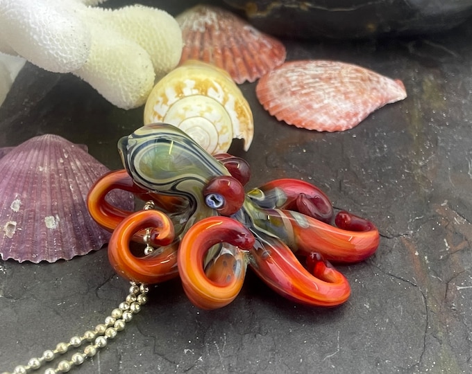 Boro Glass Octopus Necklace: Persimmon Kraken Sculpture, Wearable Art