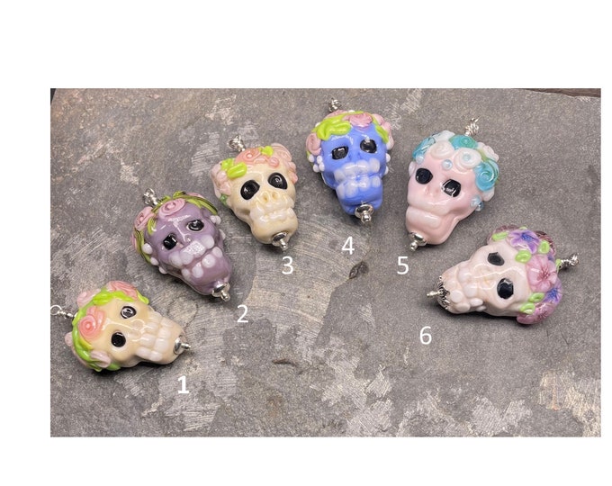 Day of the Dead Flat Backed Handmade Lampwork Sugar Skull  Bead Necklace - your choice of colors listed