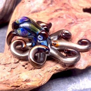 May include: A detailed glass octopus sculpture with a colorful head and metallic tentacles. The head features swirls of blue, green, and purple. The tentacles are silver with brown accents. The sculpture is resting on a piece of driftwood.