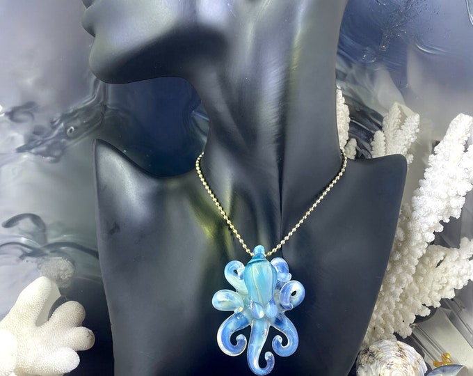 The Blue Marina Moonstone  Kraken Collectible Wearable  Boro Glass Octopus Necklace / Sculpture - Made to order