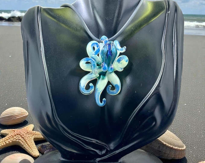 The Lunar Liquid Blue Kraken Collectible Wearable Boro Glass Octopus Necklace / Sculpture - OOAK