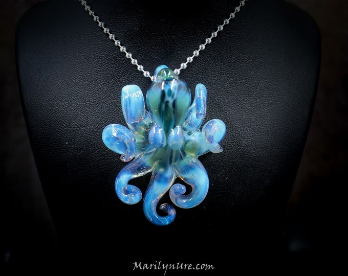 The Opal Blue Kraken Collectible Wearable Boro Glass Octopus Necklace / Sculpture  Made to Order