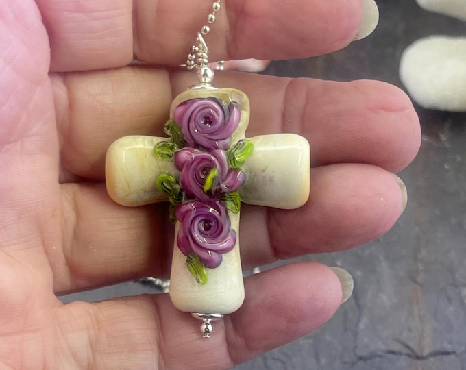 Italian Ivory Glass Cross Necklace: Rose Accent, Silver Ball Chain