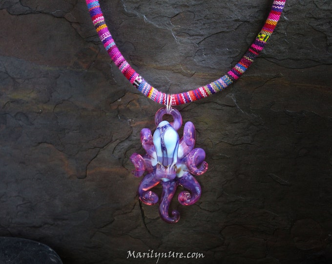 The Pink Tribal Kraken Collectible Wearable  Boro Glass Octopus Necklace - Made to Order