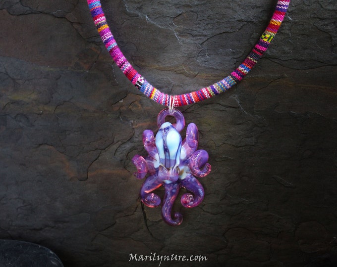 The Pink Tribal Kraken Collectible Wearable  Boro Glass Octopus Necklace - Made to Order