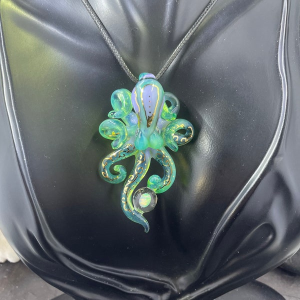Golden Tattoo Kraken Necklace: Boro Glass Octopus Pendant with Opal