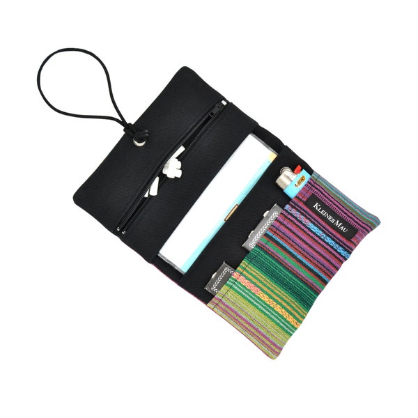 Tobacco bag "Bali" made of striped fabric in green and purple | All in one rolling bag in ethnic style | Tobacco pouch made of colorful striped fabric