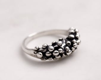 Oxidized Sterling Silver Granulation Bubble Ring, Modern Dot Style