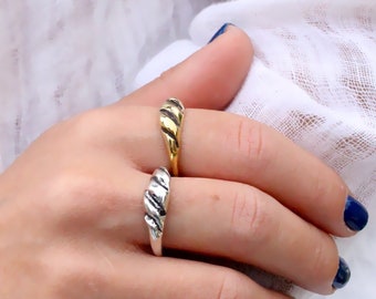 Sterling Silver Croissant Dome Ring, Thick Twist Band, Vintage Mens Style