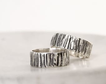 Sterling Silver Tree Bark Mens Ring, Rustic Forest Band
