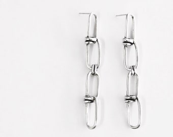Silver Chunky Chain Statement Earrings, Punk Style Long Drop