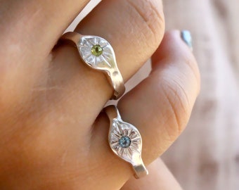 Delicate Blue Topaz Solitaire Ring, Tiny Gemstone Crystal, Everyday Wear
