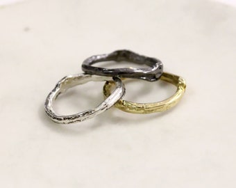 Set of 3 Botanical Sterling Silver Stacking Rings, Minimalist Gold Vermeil Black Plated