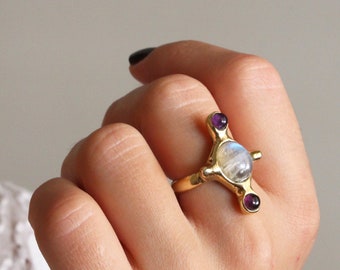 Moonstone ring gold, multistone ring, boho chic ring, statement ring gold