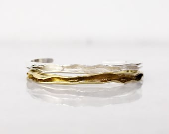 Concave cuff bracelet silver, mens molten bar cuff