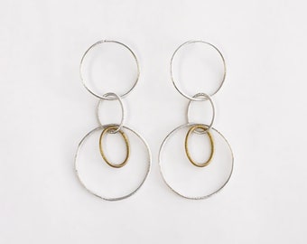 Sterling Silver and Brass Circle Drop Earrings, Long Hoop Statement Jewelry