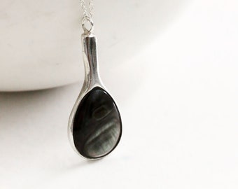 Pearl necklace silver, teardrop necklace silver, mother of pearl black, minimal necklace