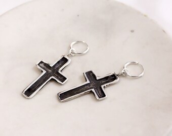 Oxidized Sterling Silver Cross Hoop Earrings, Antique Look, Religious Jewelry