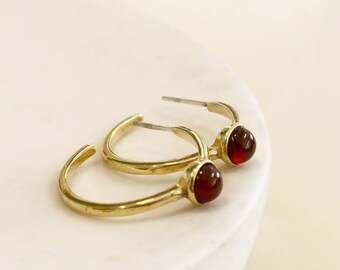 Carnelian Hoop Earrings, Gold Plated Brass, Minimal Delicate Jewelry
