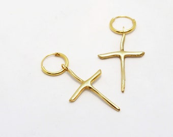 Cross charm earring, hoops charm gold, wicca jewelry