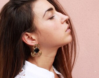 Universe space moon earrings, onyx crystal earrings, witch jewelry