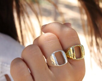 Open Rectangle Signet Ring, Vintage Brass Gold Plated Mens Ring