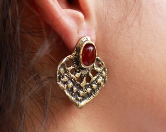 Tuareg earrings gold, carnelian earrings, statement earrings, ethnic gold earrings