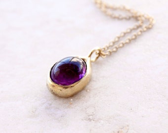 Delicate oval necklace gold, birthstone amethyst necklace, tiny crystal pendant