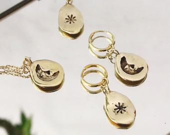 Brass Moon and Sun Charm Hoop Earrings, Celestial Witch Jewelry