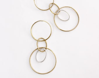 Statement Circle Drop Earrings, Brass and Sterling Silver Hoops