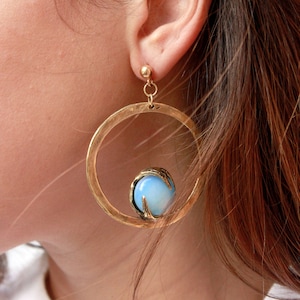 Statement circle earrings, opal earrings gold, October birthstone earrings