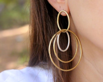 Statement circle earrings, hoop drop gold earrings