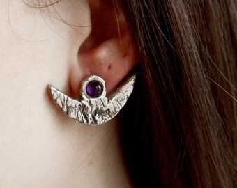 Moon earrings silver, amethyst earrings, witch jewelry, birthstone jewerly