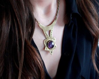 Statement birthstone crystal necklace gold, moon witch necklace, pagan jewelry