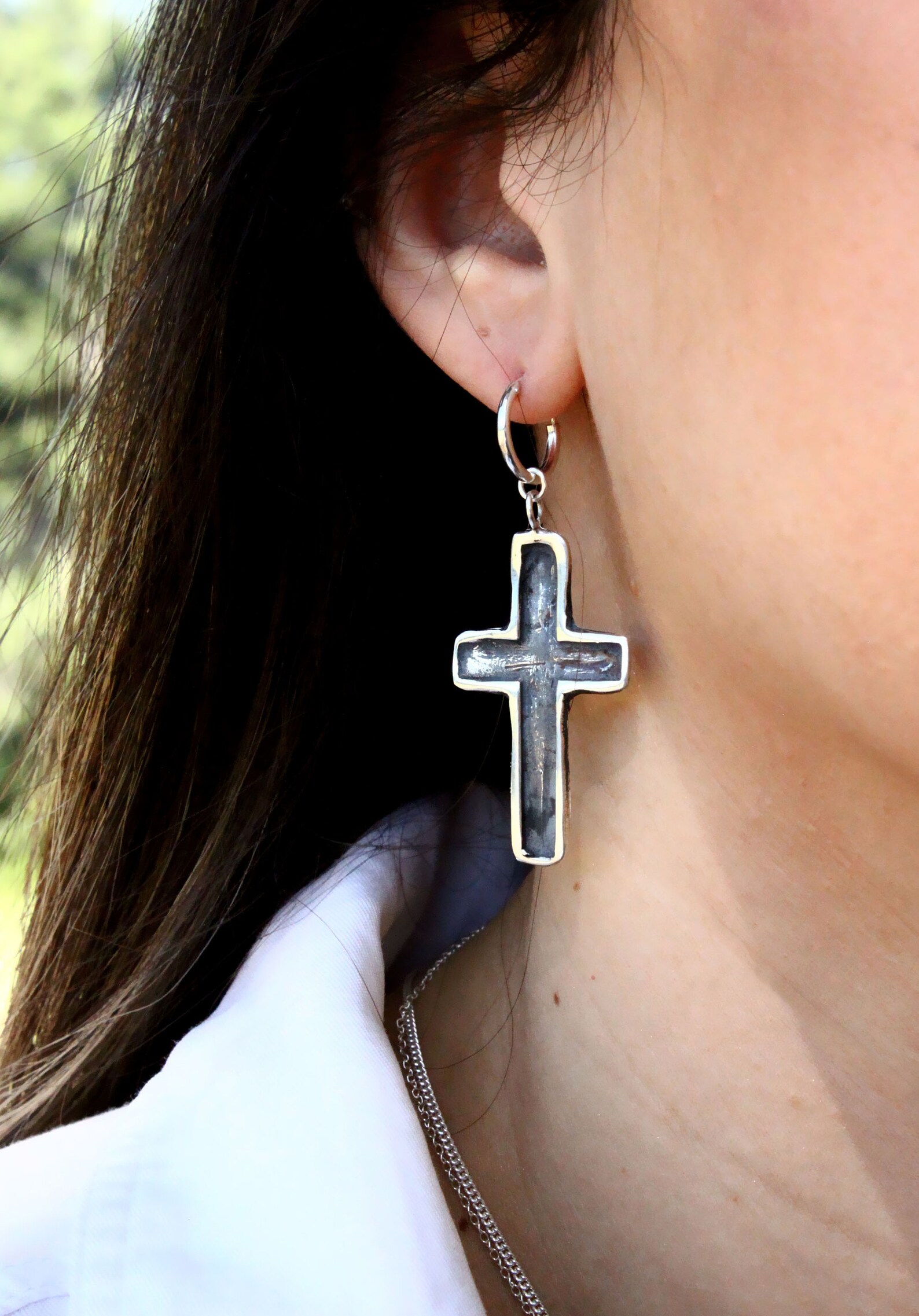 Big Cross Earrings Symbol Earrings Silver Mens Earrings Etsy