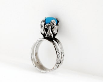 Silver Solitaire Ring, Turquoise Crystal, Gothic Alternative Engagement