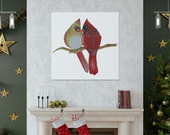 Male and Female Cardinal Couple Watercolor Painting on Canvas Bird Art