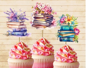 Books Cupcake Toppers, I love Books, Library, Food Picks, 12 Pack KIT