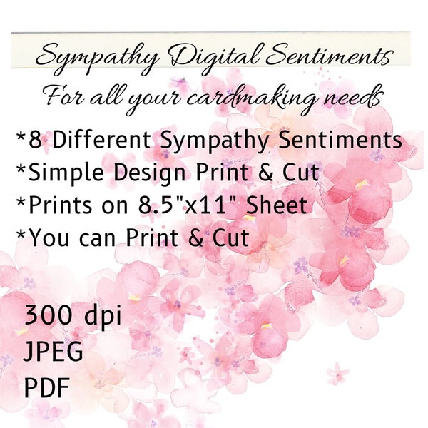 Sympathy Digital Stamp Bundle, Digital Sentiments, Sympathy Sentiments for Cardmaking, Word Art Quotes, Clip Art, PDF, JPEG,  8 Quotes