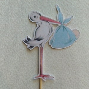 Vintage Storch-Babyparty Cupcake Toppers