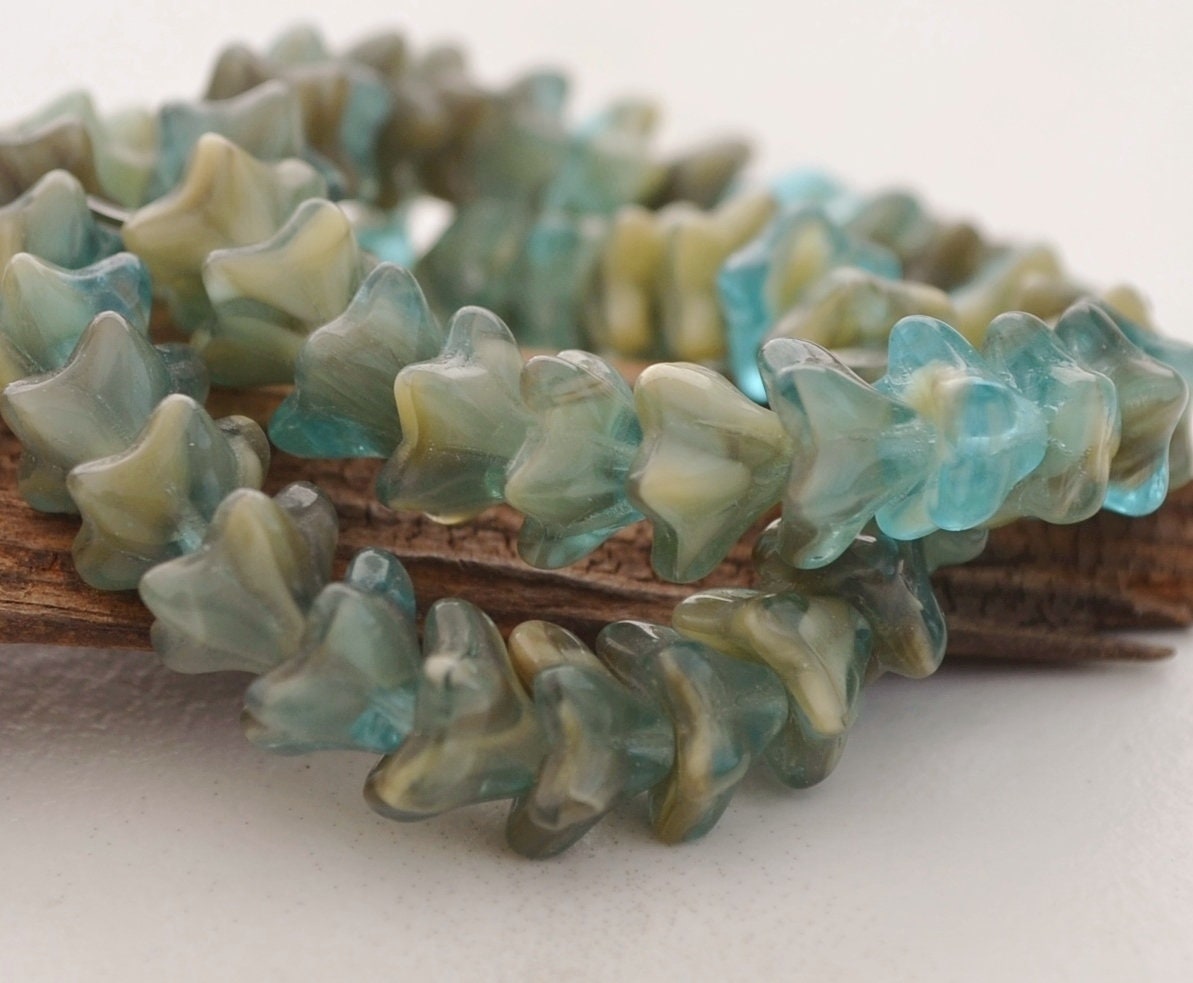 12 Bell Flower Beads 6x9mm Czech Glass Beads Aqua Blue Gray | Etsy