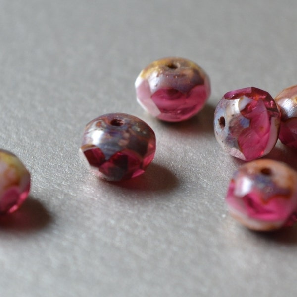 10 Fuchsia Czech Picasso Beads- 8x6mm Faceted Rondelle- Cherries Jubilee (668-10)