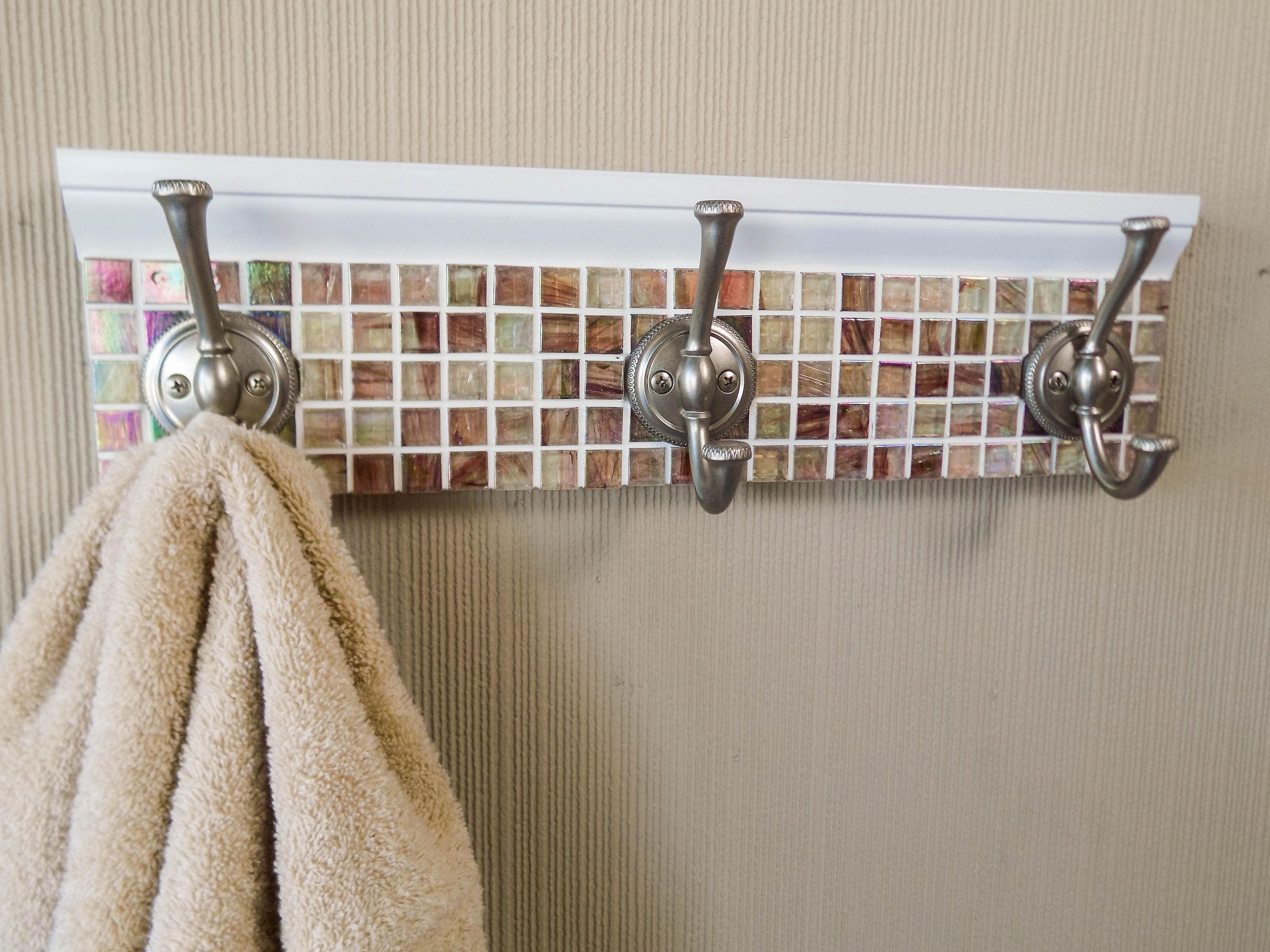 Coat rack/ towel rack w/glass mosaic tile in shades of pink.3 Etsy