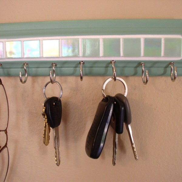 READY TO SHIP Wall rack for key Rack w/ glass mosaic tile design 9 " long w/ 7 hooks key rack in mint green. Glasses,leash,key holder